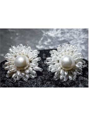 PRETTY Vintage Faux Pearl and Clear Beads Cluster Style Earrings CLIP ON